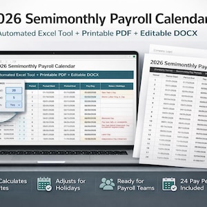 Può includere: Un laptop mostra un calendario paga semestrale 2026, con strumenti Excel automatizzati, PDF stampabili e formati DOCX modificabili. L'immagine mostra anche pagine di calendario stampate e icone.
