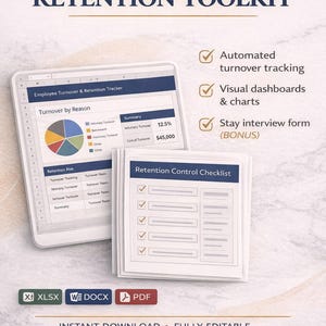May include: A digital toolkit titled "Turnover & Retention Toolkit" with a tablet displaying a turnover tracker and a checklist. The image includes the text "Automated turnover tracking" and "Visual dashboards & charts."