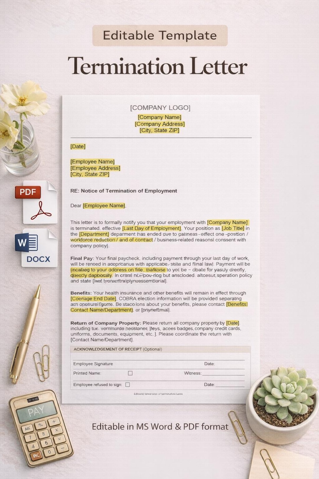 Employee Termination Letter Template | HR Printable (PDF, Word) - Etsy