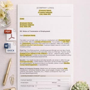 May include: A termination letter template, editable in MS Word and PDF. The document includes sections for company details, employee information, and the reason for termination. A calculator, pen, and paperclips are also visible.