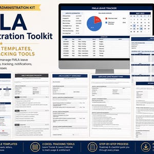 May include: A digital FMLA Administration Toolkit featuring a computer monitor displaying a leave tracker dashboard, alongside various printed templates, forms, and tracking tools including a process roadmap, eligibility worksheet, and leave request form.