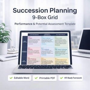 May include: A laptop displays a "Succession Planning 9-Box Grid" template. The screen shows a performance and potential assessment with categories like "Enigma," "Growth Employee," and "Future Leader." The template includes "Editable Word," "Printable PDF," and "HR-Ready Framework" options.