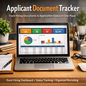 May include: A laptop displays an applicant document tracker with charts and data. The screen shows "Total Applicants: 125", "Complete: 78", "Incomplete: 47", and a completion rate of 62.4%. The text "Excel Hiring Dashboard • Status Tracking • Organized Recruiting" is at the bottom.