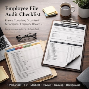 Könnte beinhalten: Draufsicht auf einen Bürotisch mit einer "Employee File Audit Checklist" auf einem Klemmbrett, einem Laptop und Akten. Die Checkliste enthält Abschnitte für Auditinformationen und Personalakten. Eine Tasse Kaffee, eine Brille und ein Stift sind ebenfalls zu sehen.