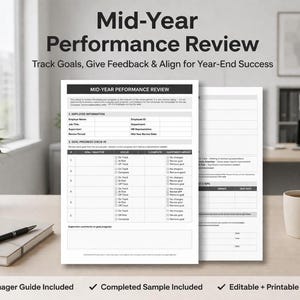 May include: A mid-year performance review document with the title "Mid-Year Performance Review" and the text "Track Goals, Give Feedback & Align for Year-End Success". The document is on a desk with a notebook, pen, and a cup of coffee.