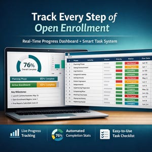 May include: A laptop displays a progress dashboard for open enrollment, showing a 76% completion rate. The screen features charts, task lists, and key milestones. The text reads "Track Every Step of Open Enrollment."