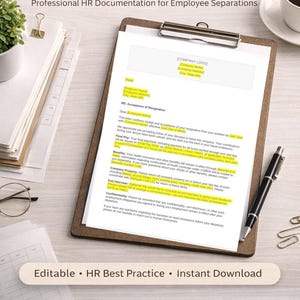 May include: A clipboard holds a resignation acceptance letter template. The document is highlighted in yellow and includes the text "Resignation Acceptance Letter Template" and "Editable • HR Best Practice • Instant Download."