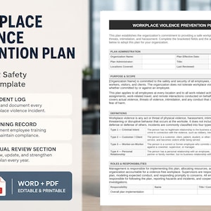 May include: A Workplace Violence Prevention Plan template featuring a document with sections for plan administration, purpose, scope, definitions, and roles. The document includes an incident log, training record, and annual review section in Word and PDF.