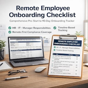 Könnte beinhalten: Ein Laptop und ein Klemmbrett mit einer Checkliste für die Einarbeitung von Remote-Mitarbeitern. Die Checkliste umfasst HR-, IT- und Manager-Aufgaben sowie ein zeitgesteuertes Tracking. Der Text auf dem Klemmbrett lautet "Remote Employee Onboarding Checklist".