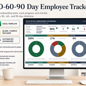 May include: A 30-60-90 Day Employee Tracker digital dashboard displayed on a computer monitor. The interface features an onboarding dashboard with progress metrics, three donut charts, and milestone dates for tracking tasks in Excel format.