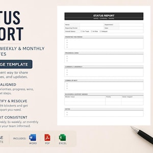 Könnte beinhalten: Eine weiße einseitige Vorlage mit dem Titel "STATUS REPORT" mit Abschnitten für wöchentliche, zweiwöchentliche und monatliche Team-Updates. Das Dokument enthält Abschnitte für Prioritäten, Fortschritte und Blocker. Die Vorlage enthält Word-, PDF- und Excel-Formate.