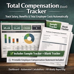 May include: A digital dashboard displays financial data, including salary, benefits, and employee costs. The image includes a laptop screen with charts and graphs, along with printed employee compensation statements. Text on the image reads "Total Compensation Tracker" and "Includes Sample Tracker + Blank Tracker."
