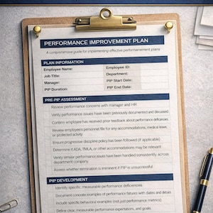 May include: A Performance Improvement Plan checklist and quick reference guide on a wooden clipboard. The document includes sections for plan information, pre-PIP assessment, and PIP development. A gold pen and paperclip are also visible.