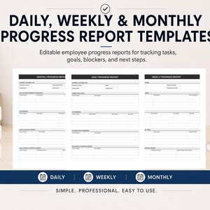 Puede incluir: Imagen de un producto digital con plantillas para informes de progreso diarios, semanales y mensuales. Las plantillas son en blanco y negro, con secciones para el seguimiento de tareas, objetivos y bloqueos. Incluye iconos para DOCX y PDF.