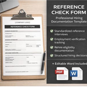 May include: A clipboard with a "REFERENCE CHECK FORM" template, a pen, and a laptop. The form includes sections for candidate and reference information. The right side features text about standardized interviews and editable Word documents.