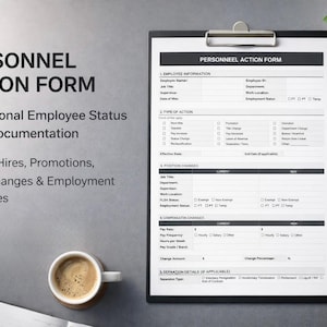May include: A black clipboard with a Personnel Action Form, used for employee status and pay documentation, lies on a gray surface. A cup of coffee, pen, glasses, and a plant are also present.