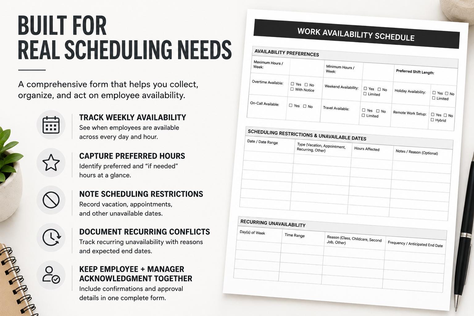 Workload Availability Chart Examples Work Availability Schedule Template | Employee Availability Form ...
