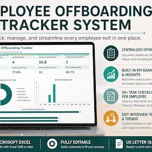 May include: A laptop screen shows an "Employee Offboarding Tracker System" with data and charts. The system tracks employee exits, with key metrics and a checklist. It is fully editable and compatible with Microsoft Excel, US Letter size.