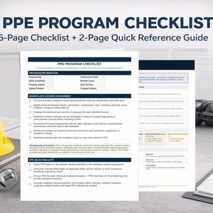 Könnte beinhalten: Ein Arbeitsplatz-Sicherheits-Checkliste mit dem Titel "PPE PROGRAMM CHECKLISTE" mit einem gelben Schutzhelm, einer Brille und einem Notizblock. Die Checkliste umfasst eine 5-seitige Checkliste und eine 2-seitige Kurzanleitung. Eine blaue Tasse und ein Stift sind ebenfalls sichtbar.