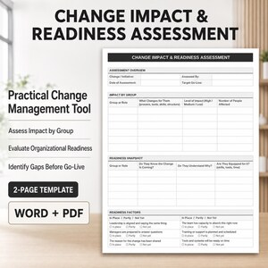 May include: A two-page Change Impact & Readiness Assessment template in Word and PDF formats. The document features sections for Assessment Overview, Impact by Group, Readiness Snapshot, and Readiness Factors with checkboxes for status tracking.