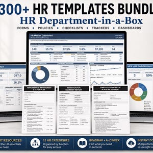 May include: A 300+ HR templates bundle titled HR Department-in-a-Box, featuring forms, policies, checklists, trackers, and dashboards. The display shows laptop screens with HR metrics, employee headcount, and new hire onboarding trackers.
