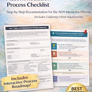 Puede incluir: Documento informativo titulado "ADA / FEHA Accommodation Process Checklist" con documentación paso a paso para el proceso interactivo de la ADA. Incluye una hoja de ruta y una lista de verificación para RRHH y empleadores. Presenta un sello dorado "Best Practice Tools".