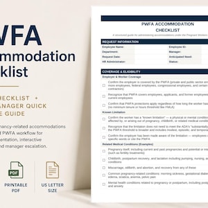 Puede incluir: Un documento de lista de verificación de alojamiento PWFA con un flujo de trabajo estructurado para adaptaciones relacionadas con el embarazo. La lista de verificación incluye una lista de verificación de 8 páginas y una guía de referencia rápida para el gerente de 2 páginas. Disponible en DOCX editable y PDF imprimible, tamaño carta estadounidense.