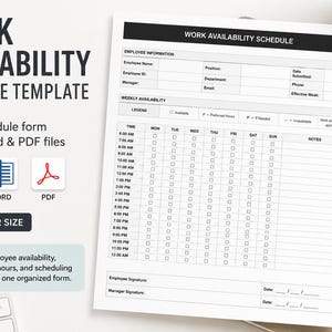 以下が含まれることがあります： 「WORK AVAILABILITY SCHEDULE TEMPLATE」のテキストが入った、勤務可能時間スケジュールテンプレート。従業員情報と週ごとの空き状況のセクションが含まれています。Excel、Word、PDF形式で利用できる3ページのスケジュールフォームで、USレターサイズです。