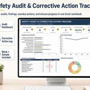Peut inclure: Un écran d'ordinateur affichant un tableau de bord Excel de suivi des audits de sécurité et des actions correctives. L'écran présente des indicateurs tels que les audits terminés, les résultats ouverts, les actions en retard et le taux de clôture.
