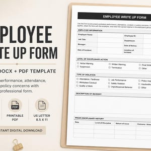 May include: An employee write-up form template, with the title "EMPLOYEE WRITE UP FORM" in bold black letters. The form is a 2-page DOCX and PDF template, designed to document performance, attendance, and policy concerns. Includes a pen and a notepad.