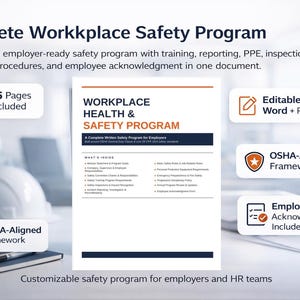Peut inclure: Un document intitulé « Programme de sécurité au travail » avec le texte « Programme de sécurité au travail complet ». L'image comprend des icônes pour 25 pages, Word et PDF modifiables, un cadre aligné sur l'OSHA et une reconnaissance des employés.