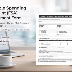 以下が含まれることがあります： 「Enroll + Change + Cancel FSA Elections with Confidence」というテキストが入った、フレキシブル・スペンディング・アカウント（FSA）の登録フォーム。フォームは、ラップトップ、コーヒーカップ、メモ帳のある机の上にあります。