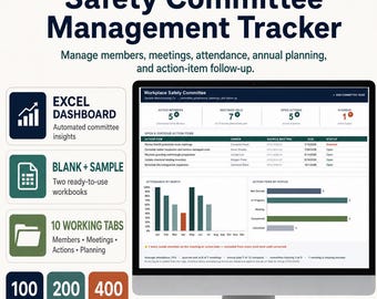 May include: A digital Safety Committee Management Tracker displayed on a computer monitor, featuring an Excel dashboard with automated insights, 10 working tabs, and capacity for 100 members, 200 meetings, and 400 action items for committee governance.