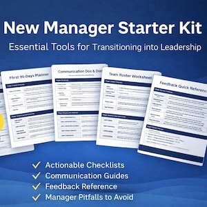 May include: Image of a "New Manager Starter Kit" with essential tools for leadership. The image features several checklists and guides, including a 90-day planner, communication guides, and a team roster worksheet. A person is holding a lightbulb, symbolizing ideas.