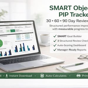 May include: A laptop displaying a SMART Objective PIP Tracker with charts and graphs. The screen shows a 30-60-90 day review system for structured performance improvement. Additional items include a notepad, pen, glasses, and a coffee cup.