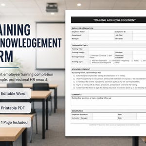 Może przedstawiać: Formularz potwierdzenia szkolenia z sekcjami na informacje o pracowniku, szczegóły szkolenia i sekcję potwierdzenia. Formularz dostępny w edytowalnych formatach Word i drukowanych PDF. Tekst brzmi: 'Dokumentuj ukończenie szkolenia pracowniczego'.