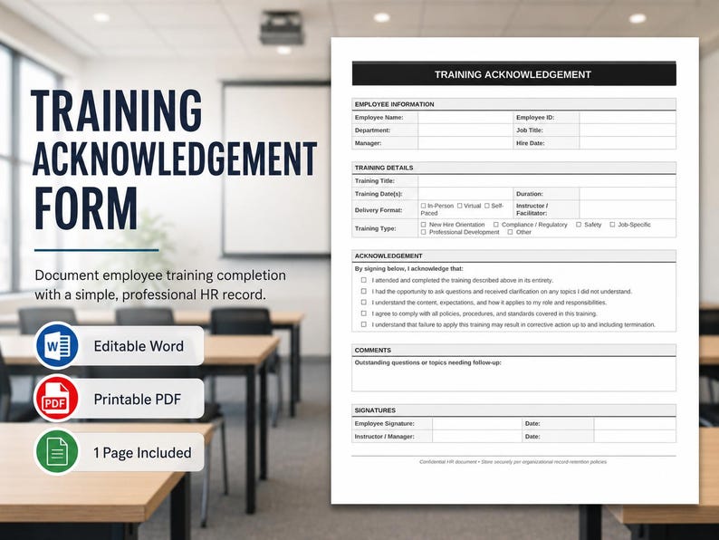 Training Acknowledgement Form, Employee Training Record - Etsy