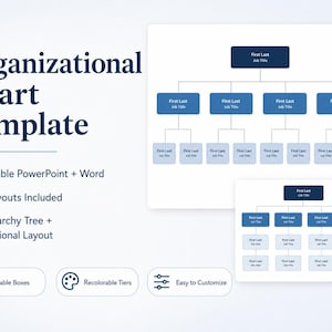 May include: An organisational chart template featuring two blue and white hierarchy diagrams. Text includes Organisational Chart Template, Editable PowerPoint + Word, 2 Layouts Included, Hierarchy Tree + Divisional Layout, Editable Boxes, Recolorable Tiers, and Easy to Customise.