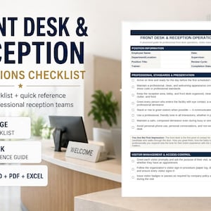 May include: A professional front desk and reception operations checklist. The image includes the text "Front Desk & Reception Operations Checklist" and "Editable checklist + quick reference guide for professional reception teams."