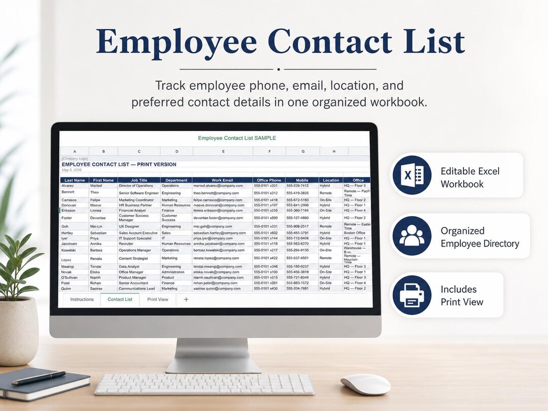 Employee Contact List Excel Template - Etsy