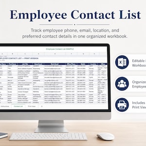 Puede incluir: Un monitor de computadora muestra una lista de contactos de empleados en formato de hoja de cálculo. La pantalla muestra nombres, puestos de trabajo e información de contacto de los empleados. También se ven un teclado, un ratón y una pequeña planta.