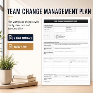 May include: A Team Change Management Plan template document featuring sections for change overview, plain language explanations, affected groups, and roles and responsibilities. The document includes checkboxes and blank fields for data entry.