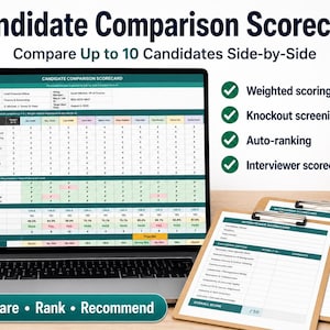 Könnte beinhalten: Ein Laptop zeigt eine Kandidatenvergleichs-Scorecard mit dem Titel "Candidate Comparison Scorecard". Der Bildschirm zeigt eine Tabelle zum direkten Vergleich von Kandidaten. Es gibt Interviewer-Scorecards und den Text "Compare, Rank, Recommend."