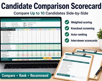 Candidate Comparison Scorecard Excel | Interview Scoring & Hiring Evaluation Spreadsheet | Applicant Ranking Tool