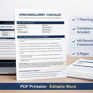 May include: An open enrollment checklist displayed on a laptop screen and printed on paper. The checklist includes sections for enrollment information and benefits review. Additional text highlights 7 planning phases, compliance, HR framework, and 5 pages. The text "PDF Printable • Editable Word" is also visible.