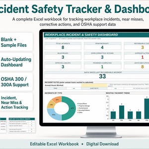 May include: An Incident Safety Tracker & Dashboard Excel workbook displayed on a computer monitor. The screen shows data tables, a pie chart, and a bar graph for tracking workplace incidents, near misses, and OSHA support data with metrics.