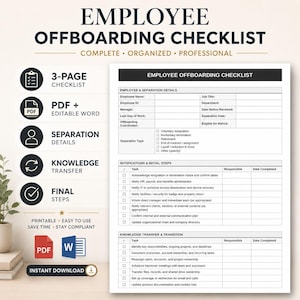 May include: A digital employee offboarding checklist document featuring sections for separation details, notifications, and knowledge transfer. The form includes checkboxes and columns for responsible parties and completion dates in a professional layout.