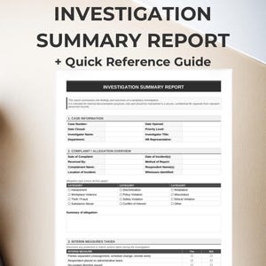 Może przedstawiać: Kompleksowy 6-stronicowy raport podsumowujący dochodzenie z szybkim przewodnikiem. Dokument zawiera sekcje dotyczące informacji o sprawie, przeglądu skarg/zarzutów i podjętych środków tymczasowych.