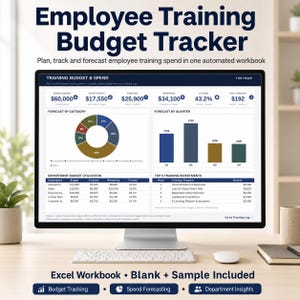 Può includere: Un monitor di computer mostra una dashboard per il monitoraggio del budget di formazione dei dipendenti con grafici, tabelle e dati finanziari. Lo schermo include sezioni per budget e spese, previsioni per categoria e trimestre e i 5 principali investimenti.