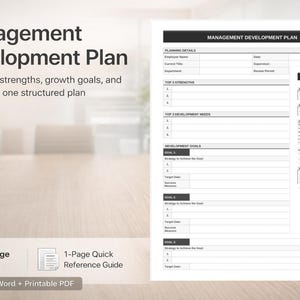 Könnte beinhalten: Ein Management-Entwicklungsplan-Dokument mit dem Titel "Management Development Plan". Das Dokument enthält Abschnitte für Planungsdetails, Stärken, Entwicklungsbedürfnisse und Ziele. Das Bild enthält auch einen 2-Seiten-Plan und eine 1-Seiten-Kurzanleitung.